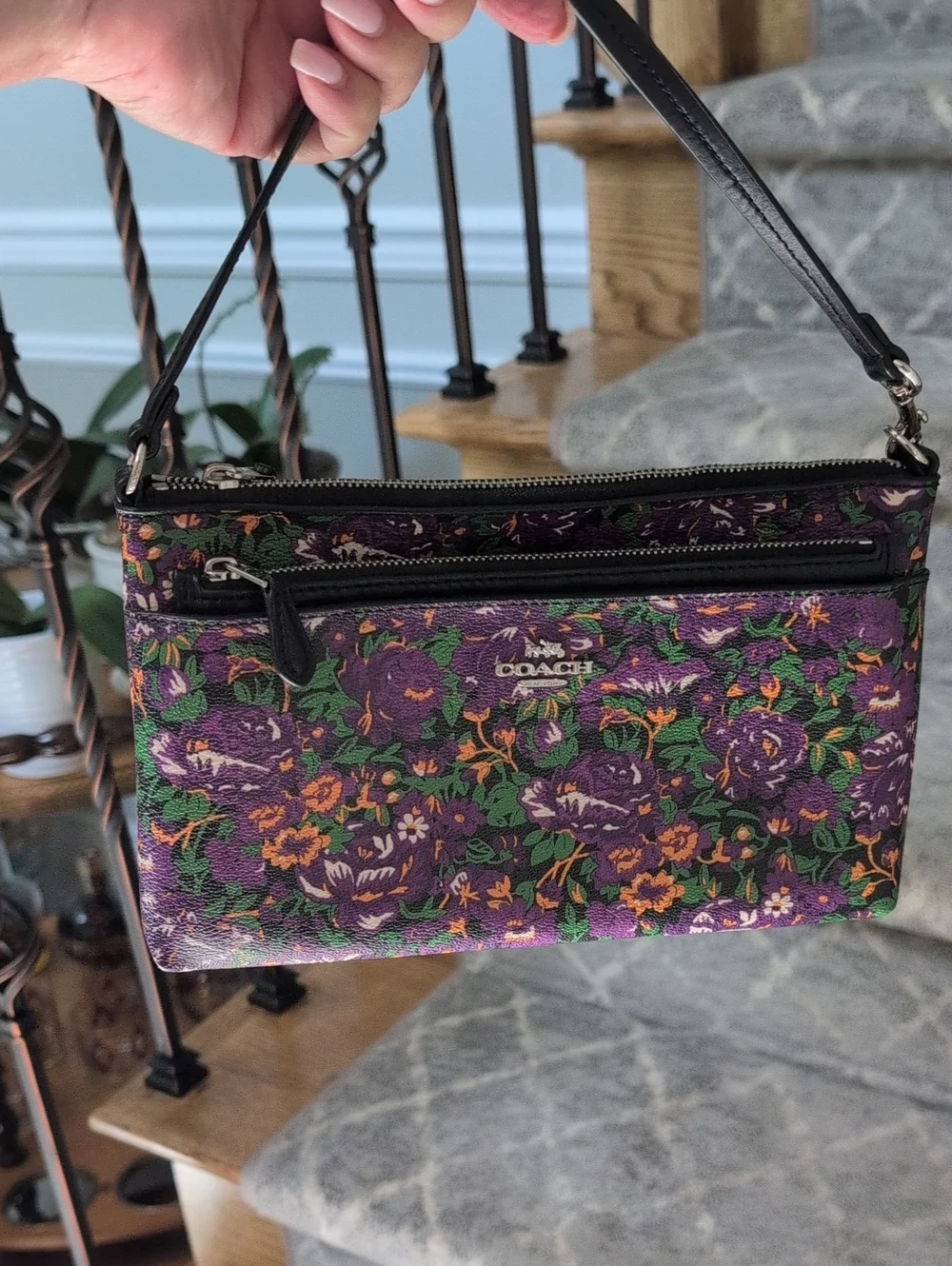 Coach Floral Coated Canvas Double Zip Wristlet in Purple, Green & Orange. EUC